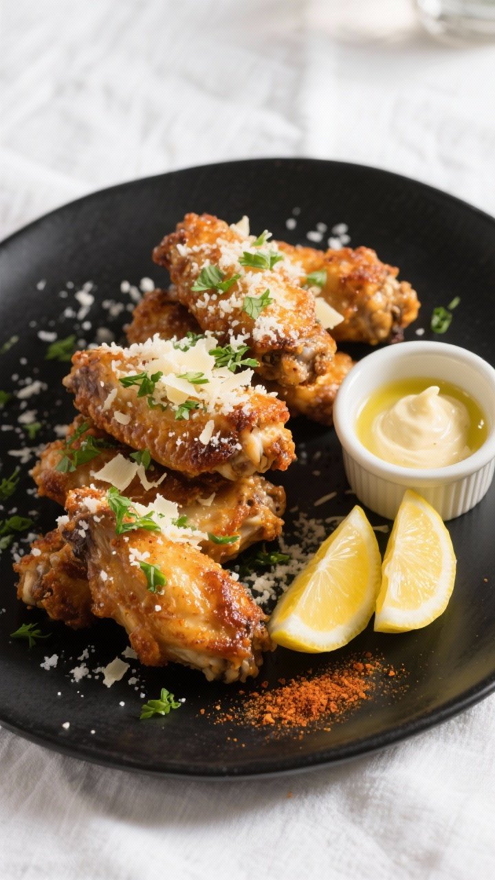 Final plated hero shot (overhead): Restaurant-quality presentation of garlic parmesan chicken wings 