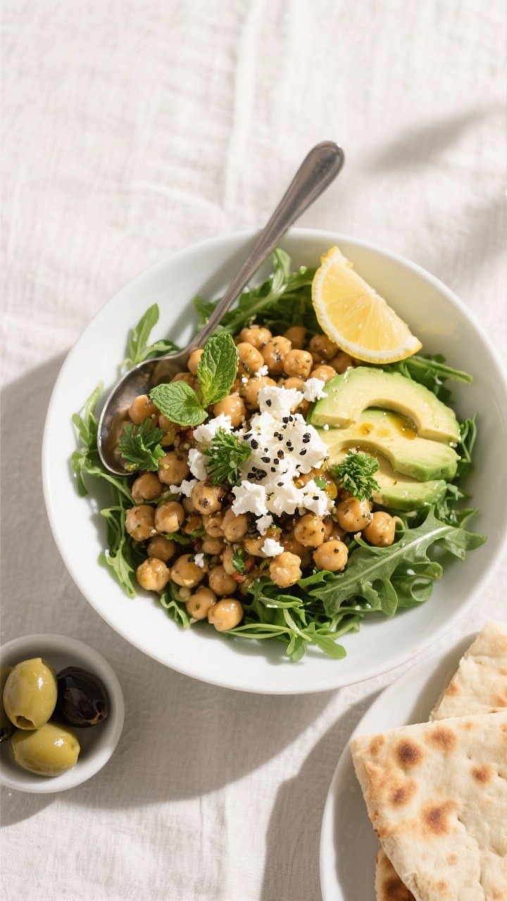 Final plated overhead: A finished Mediterranean Chickpea Salad Bowl built over a bed of arugula—ge