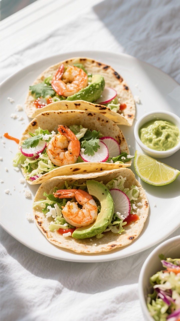 Final plated overhead: Avocado Lime Shrimp Tacos arranged on a matte white platter, warm lightly cha