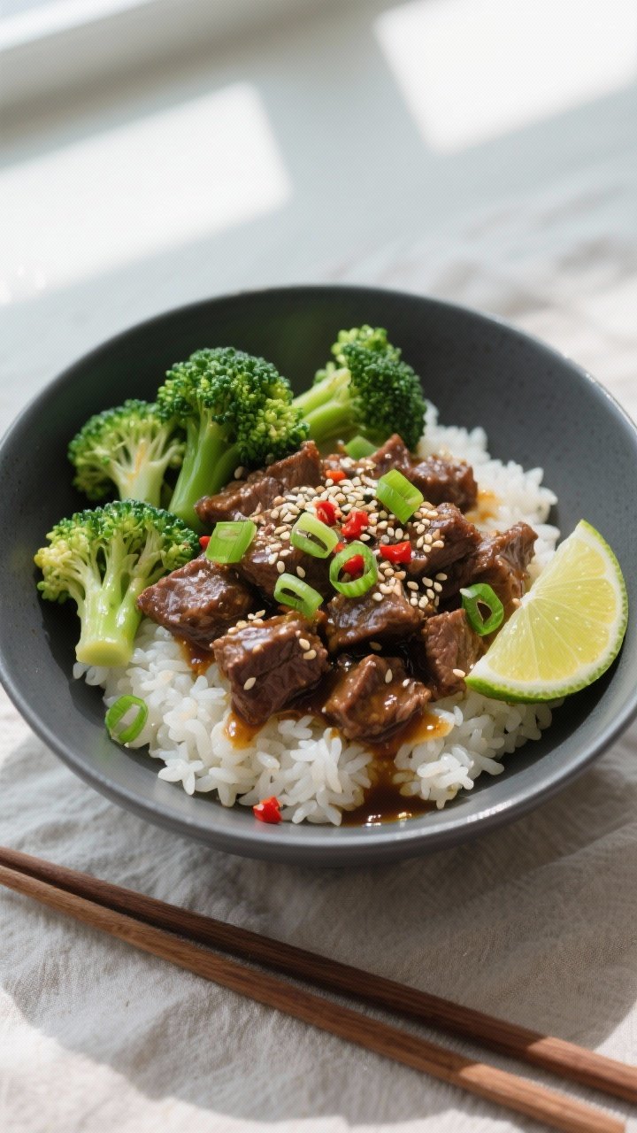 Final plated overhead: Beef & Broccoli High-Protein Bowl served over fluffy jasmine rice in a matte 
