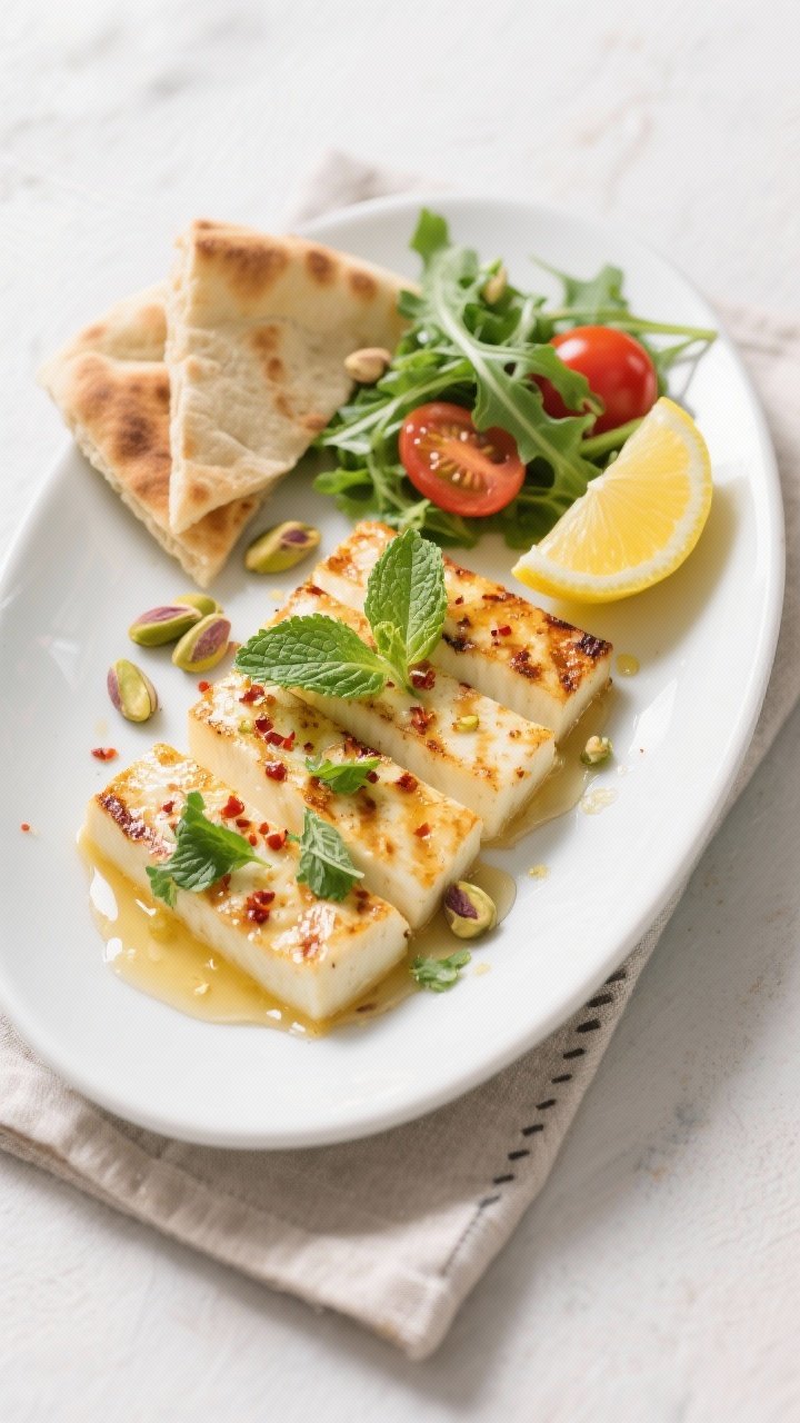Final plated overhead: Grilled Halloumi with Honey & Herbs arranged on a matte white oval plate, war
