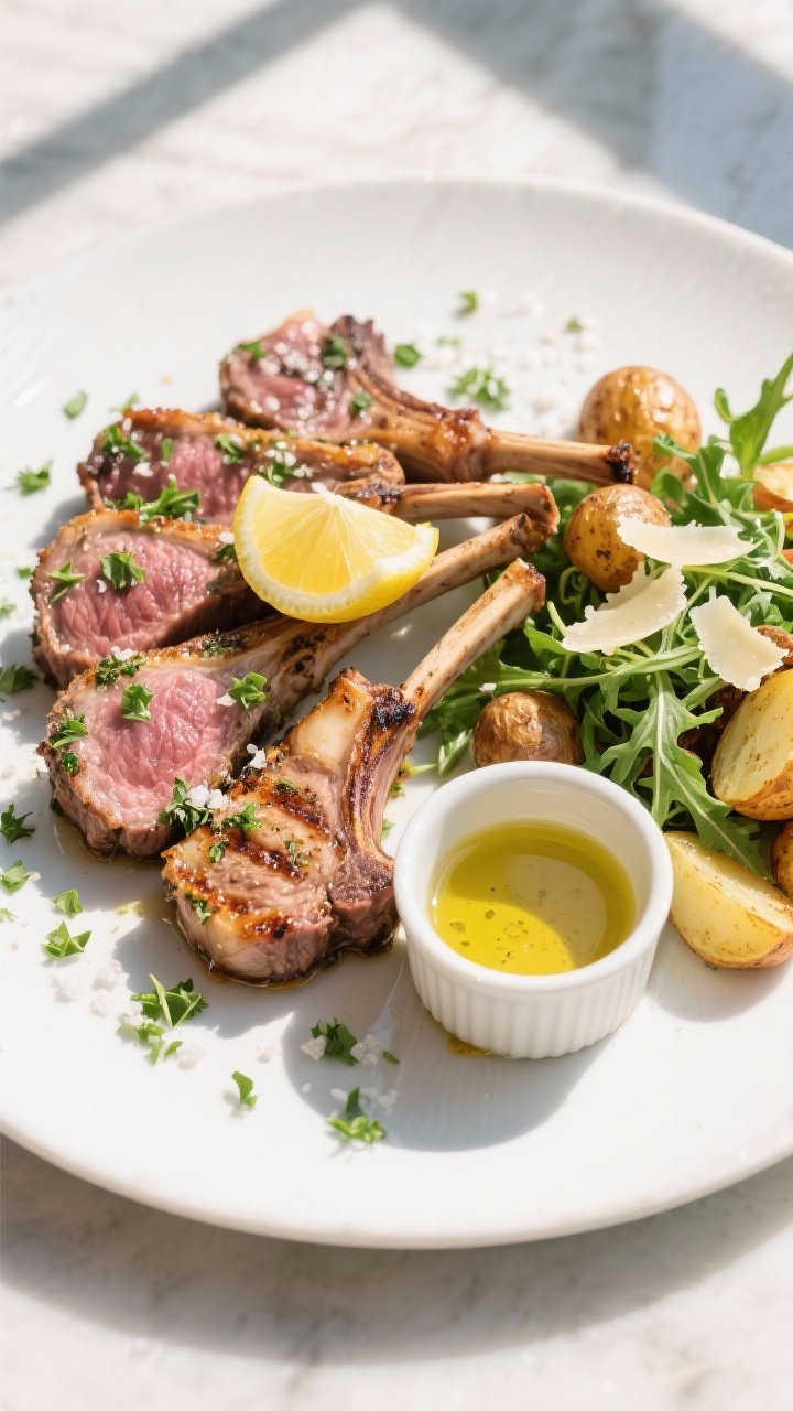 Final plated overhead: Herb-marinated grilled lamb chops arranged in a neat fan on a matte white pla