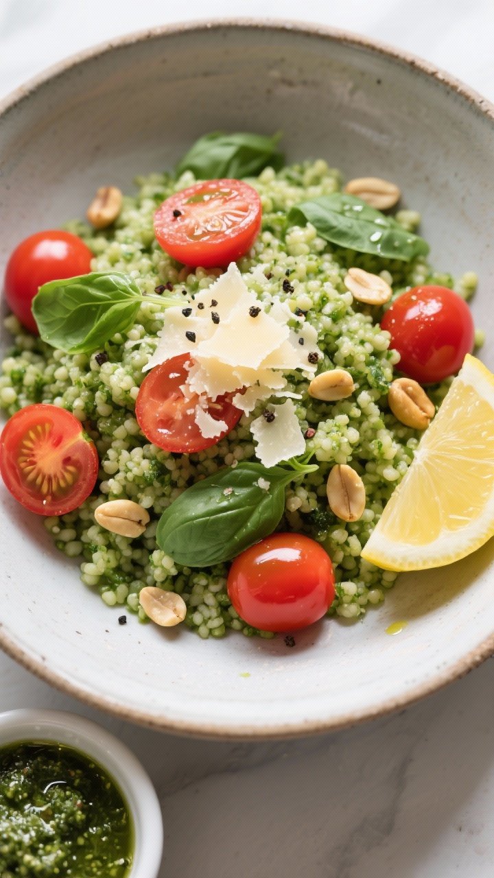 Final plated overhead: Pesto couscous with halved cherry tomatoes and torn basil served in a wide, m