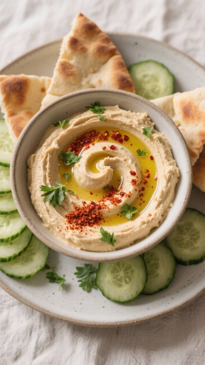 Final plated overhead: Restaurant-quality bowl of creamy hummus spread with swoops, generously drizz