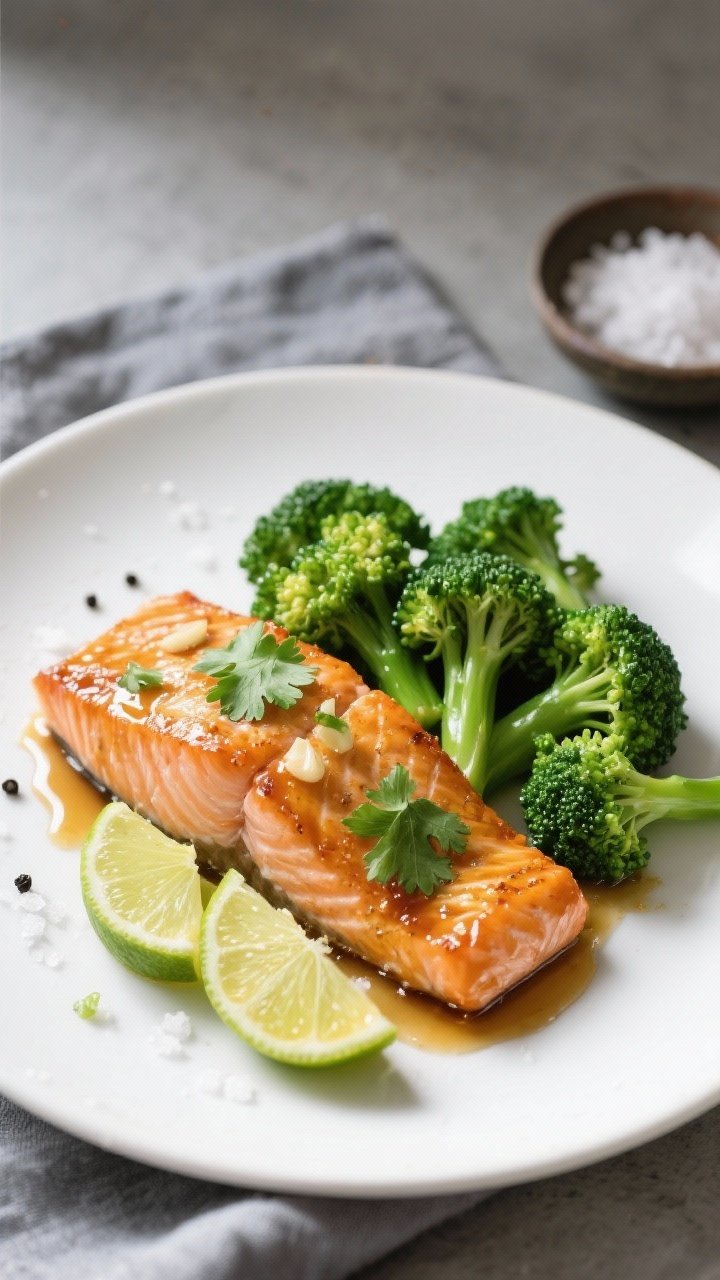 Final plated overhead shot: Beautifully plated Honey-Lime Salmon with Steamed Broccoli on a matte wh