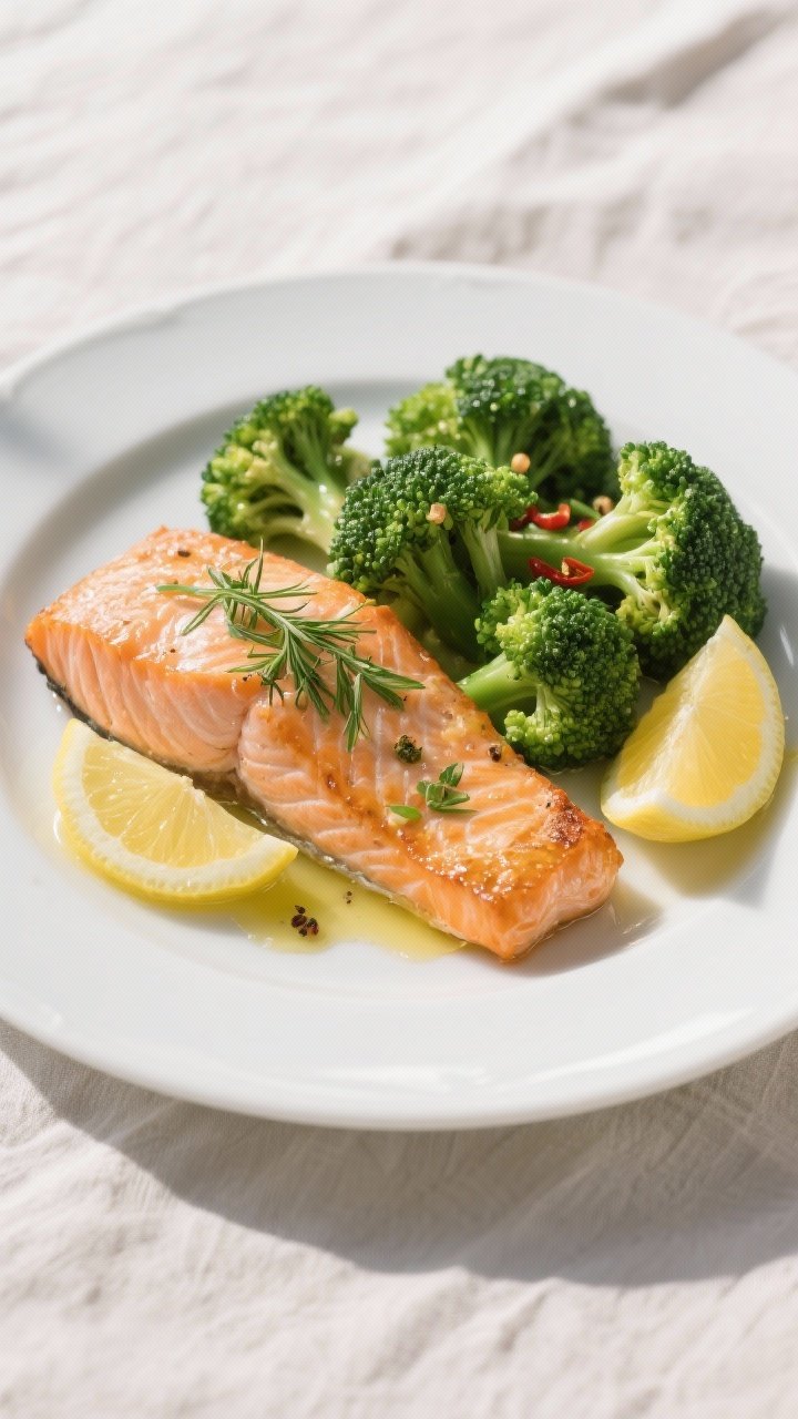 Final plated overhead shot: Restaurant-quality plate of baked salmon with steamed broccoli, top-down