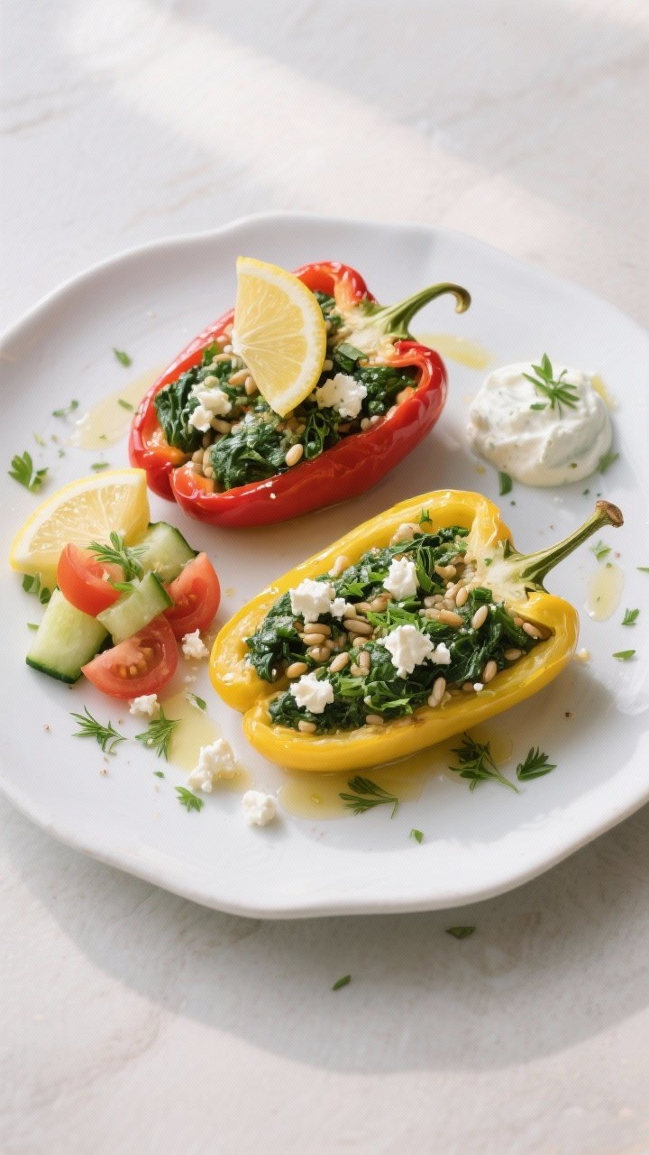 Final plated overhead shot: Two Spinach and Feta Stuffed Peppers (one red, one yellow) served on a w