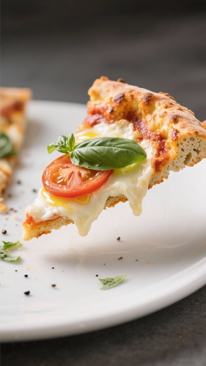 Final plated presentation, close-up slice: A sliced wedge of Cauliflower Crust Margherita lifted sli
