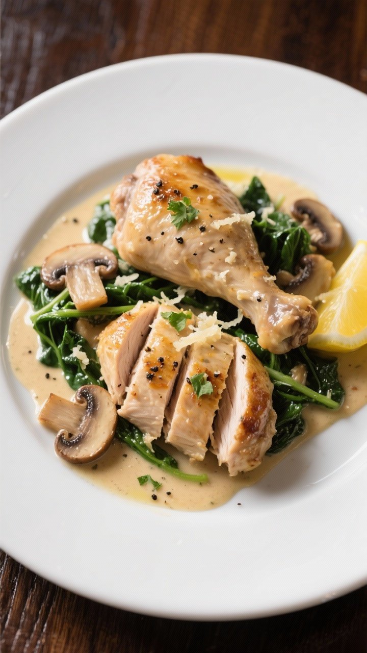 Final plated presentation: Elegant white plate featuring two juicy chicken thighs sliced to show moi