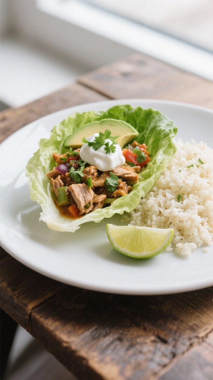 Final plated presentation, restaurant-quality: Lettuce cup spread featuring the turkey taco skillet 