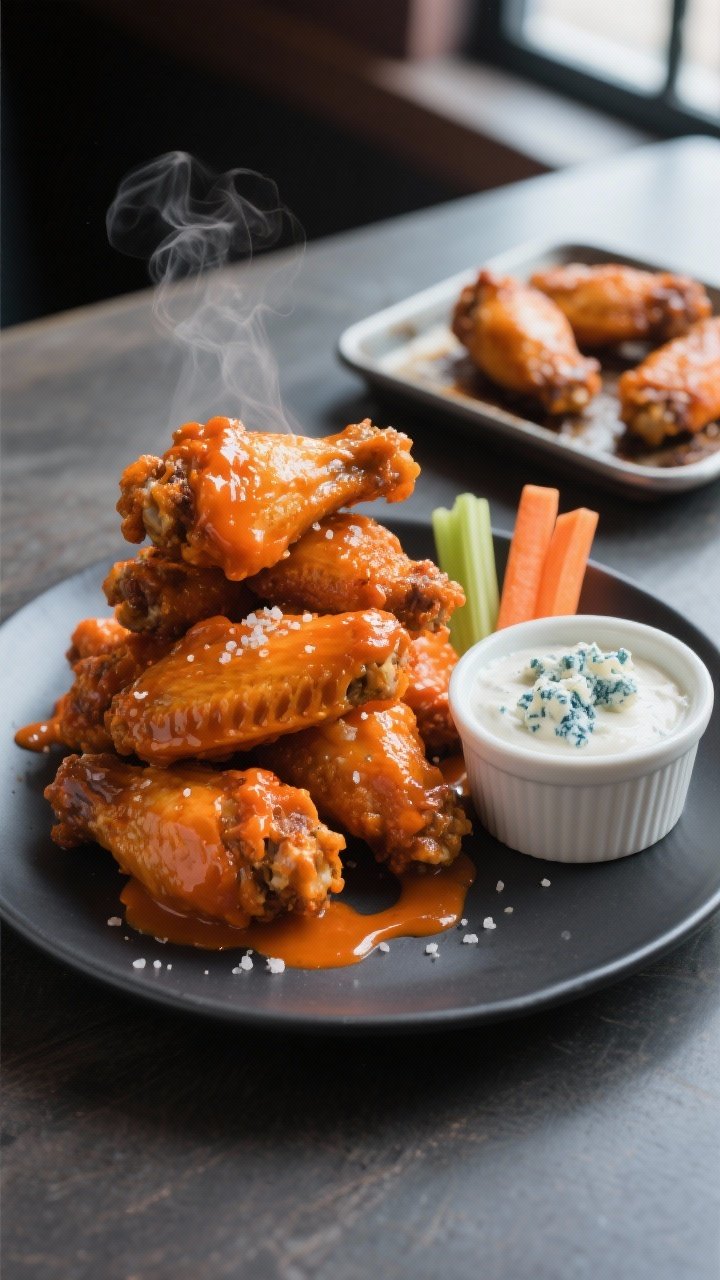 Final plated presentation: Restaurant-quality plate of sauced Buffalo wings stacked high on a matte 