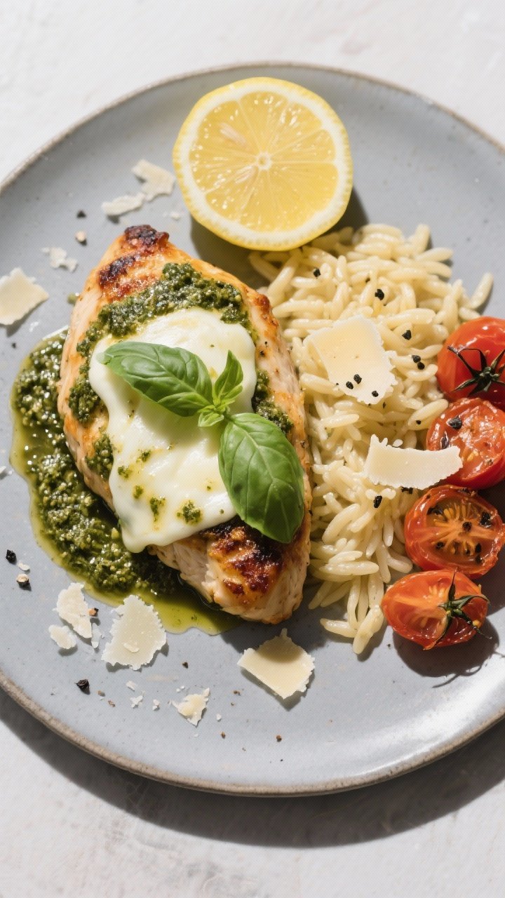 Final plated presentation: Restaurant-quality plating of baked pesto chicken breast on a matte ceram