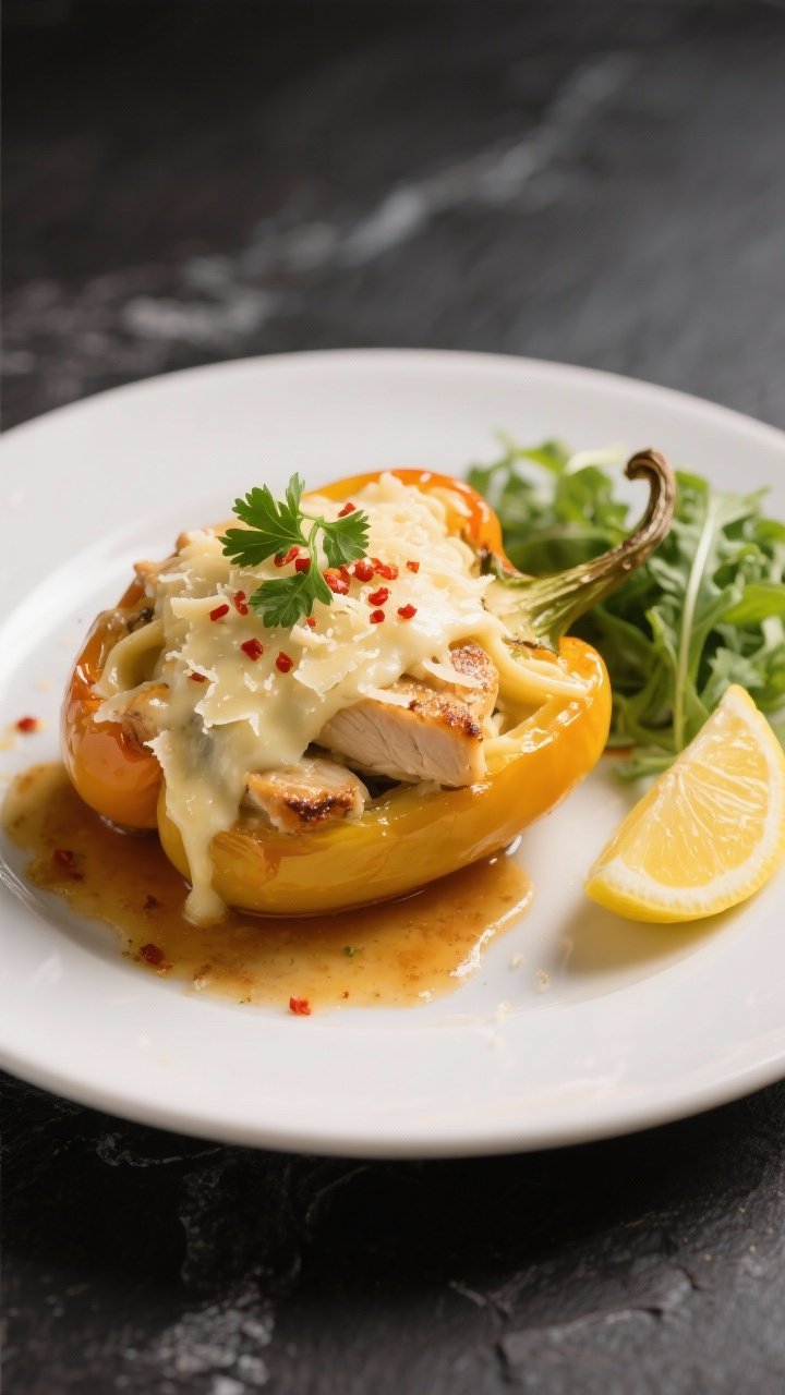 Final plated presentation: Restaurant-quality plate with a single Chicken Alfredo Stuffed Pepper set