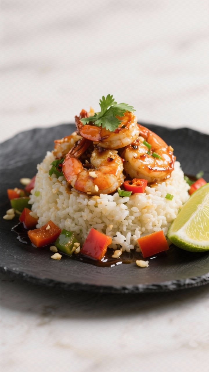 Final plated presentation: Restaurant-quality plating of spicy garlic shrimp with cauliflower rice, 