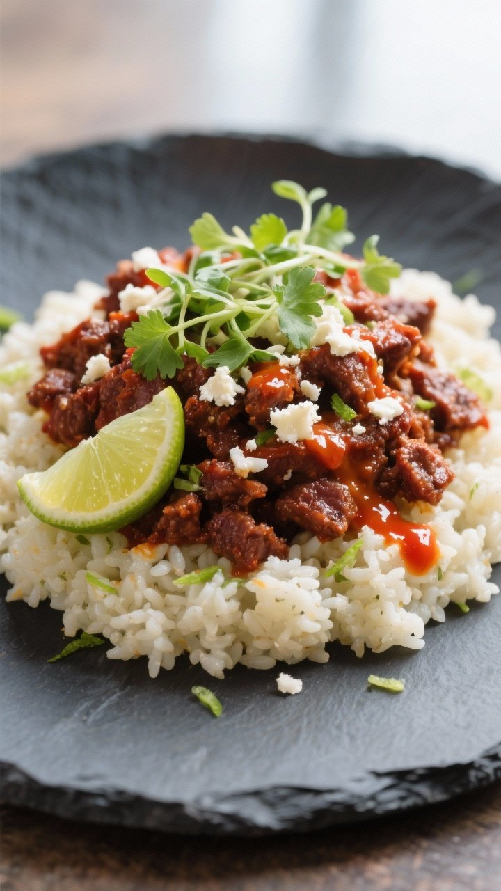 Final plated restaurant-quality presentation: Cauliflower rice base with visible lime zest topped wi