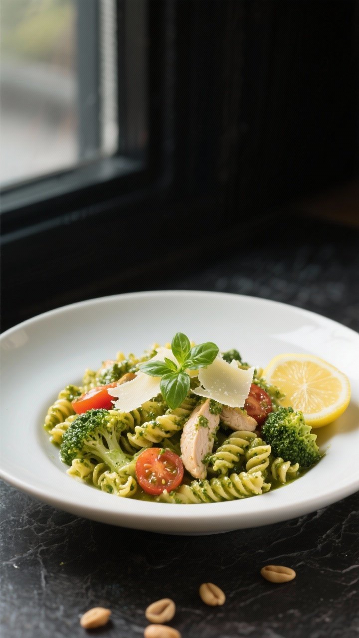 Final plated restaurant-style dish: Beautifully plated pesto chicken pasta on a matte white shallow 