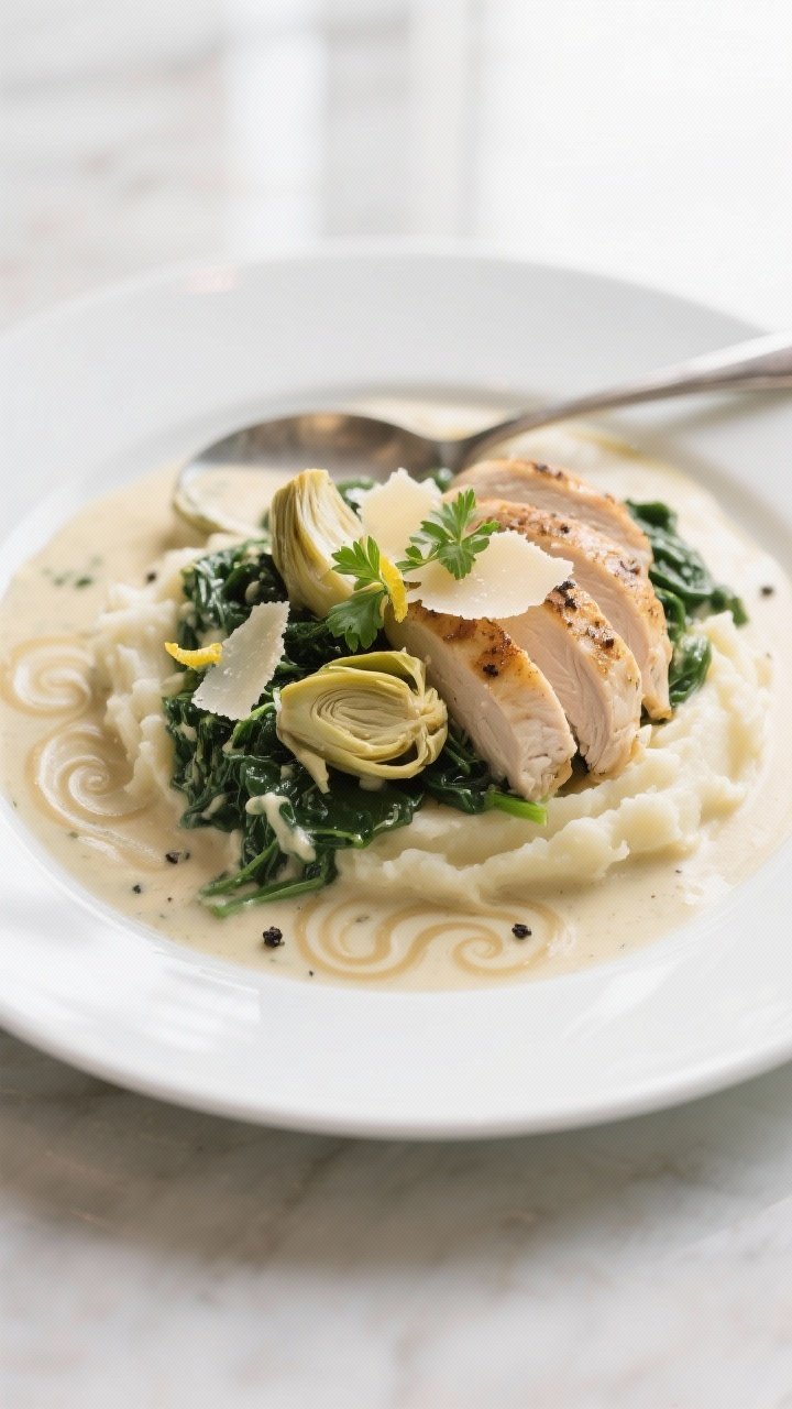 Final plated, restaurant-style presentation: Beautifully plated Spinach and Artichoke Creamy Chicken