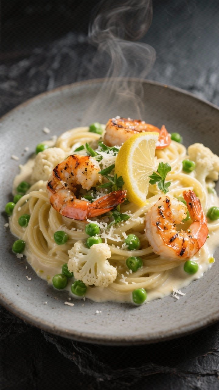 Final plated restaurant-style presentation: Creamy Cauliflower Alfredo with grilled lemon-pepper shr