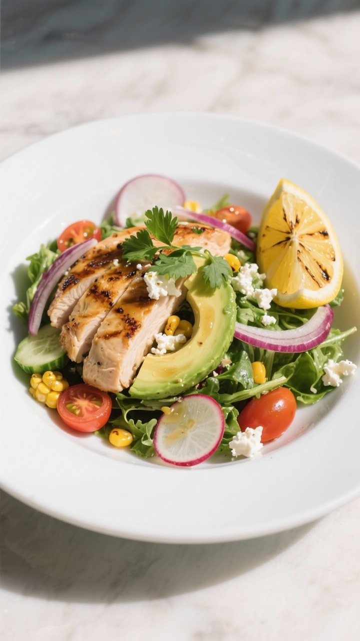 Final plated salad — restaurant presentation: Beautifully plated Grilled Chicken and Avocado Salad