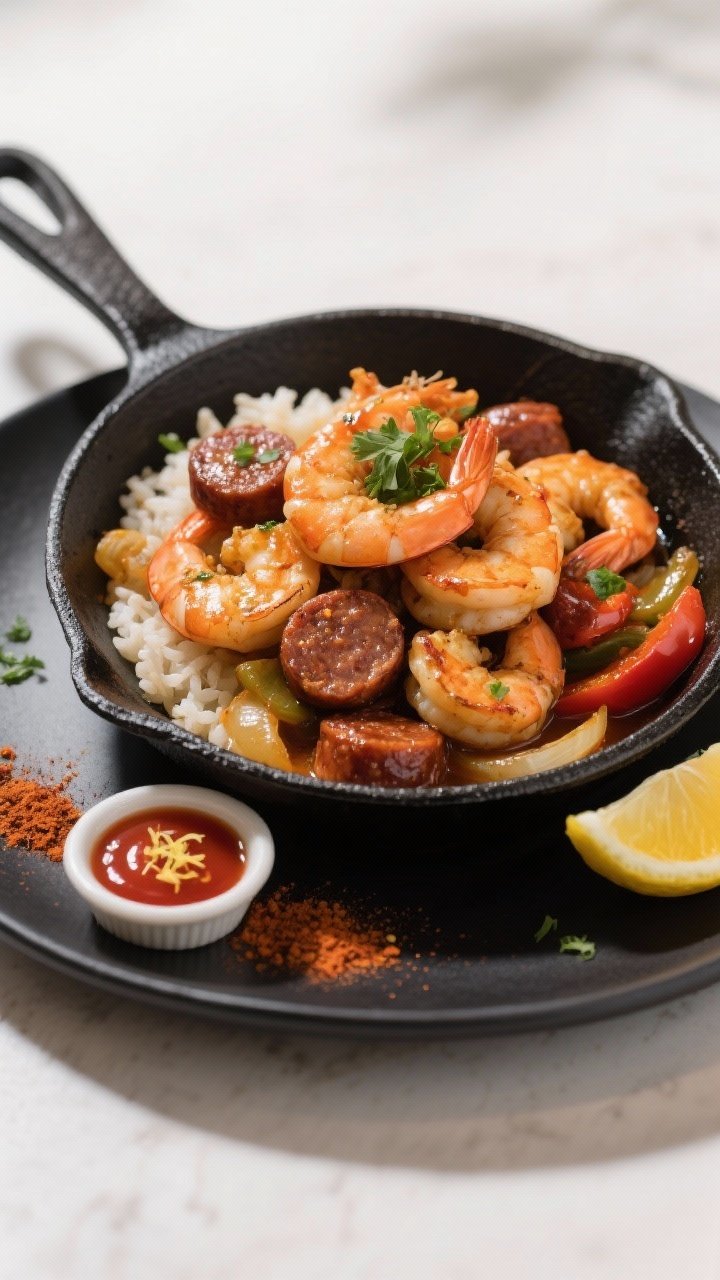 Final plated showcase: Restaurant-quality presentation of the skillet served without rice in a matte