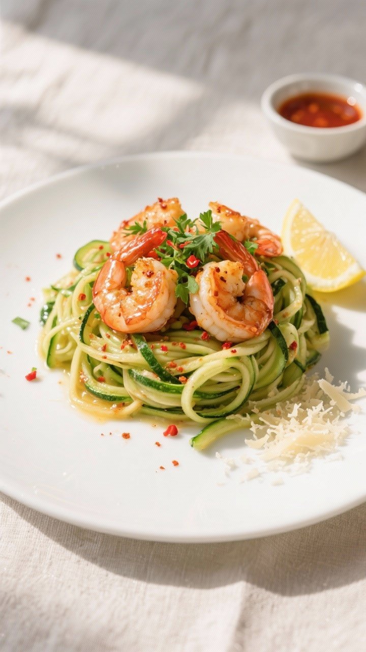 Final plated, tasty top view: Overhead shot of Spicy Shrimp and Zucchini Noodles twirled into a nest