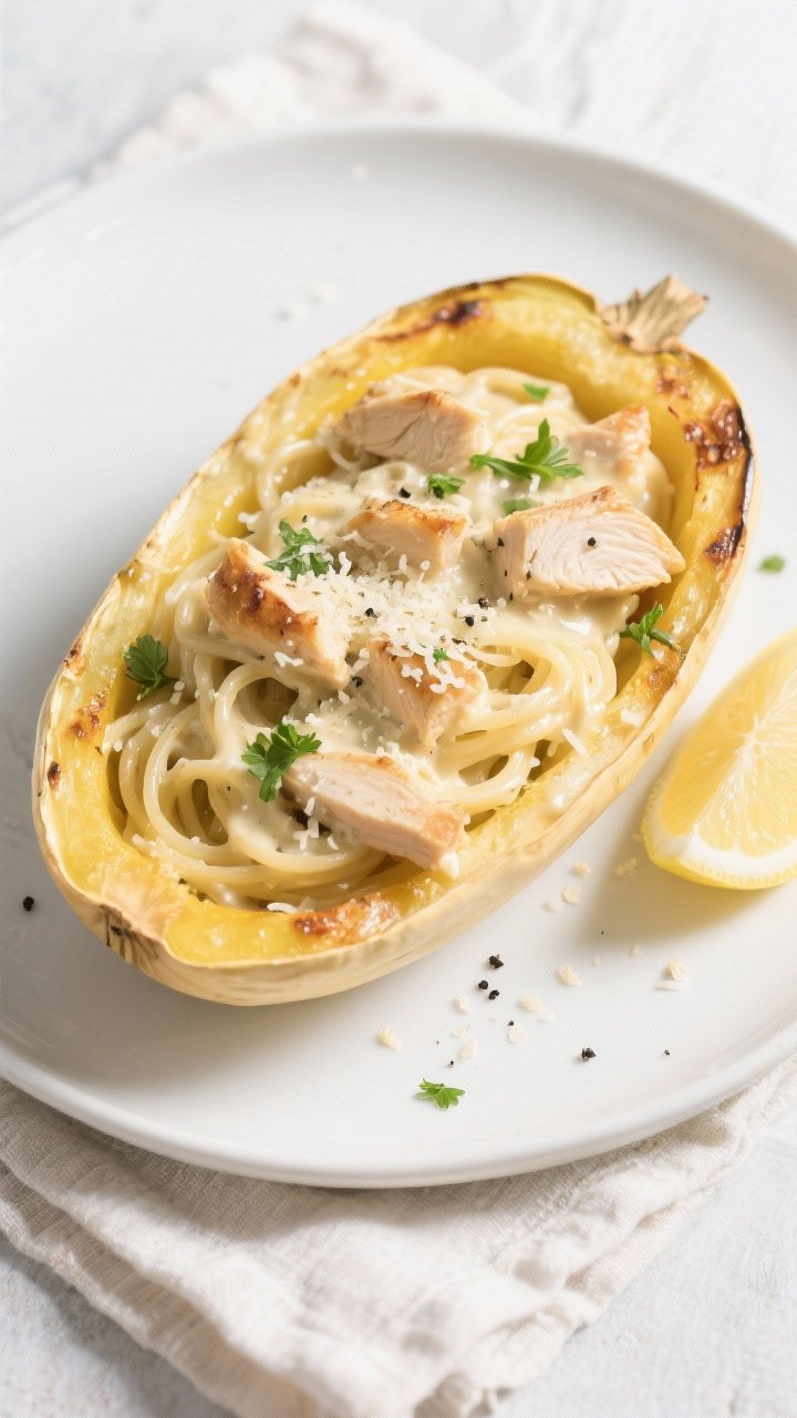 Final plated top-down presentation: Chicken Alfredo Spaghetti Squash served “boat-style” in the 