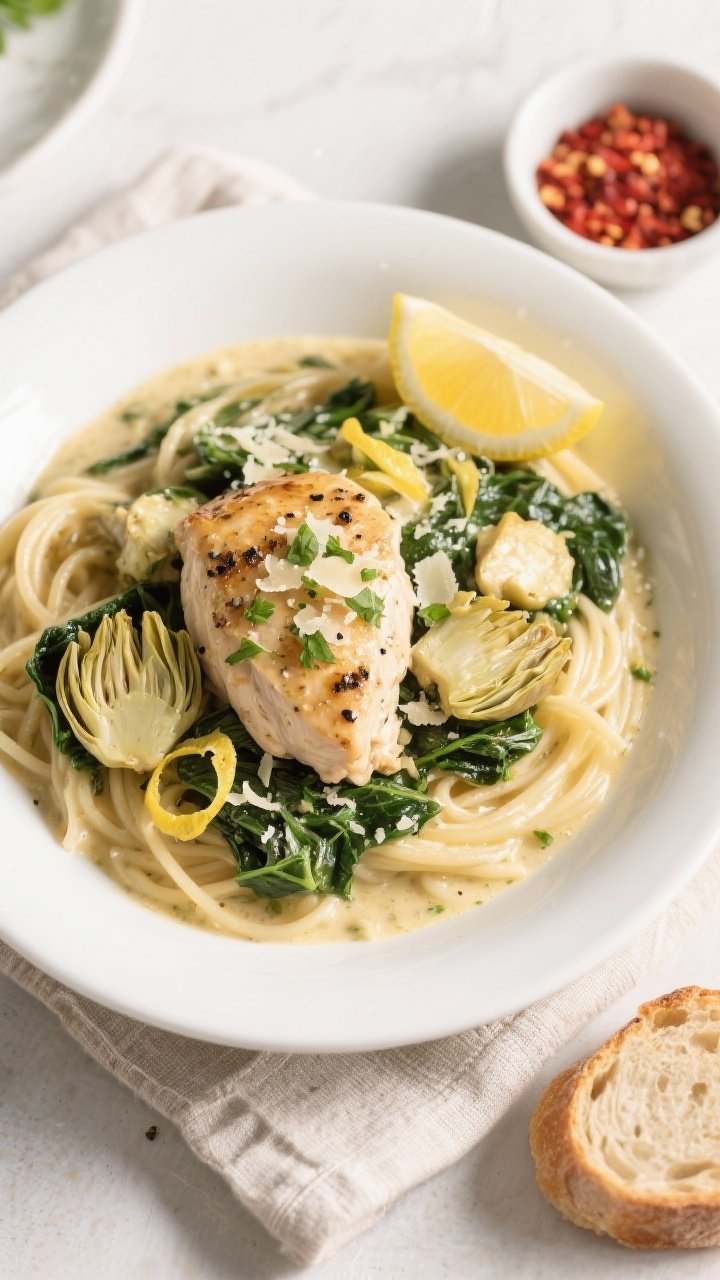 Final plated, top-down presentation: Overhead shot of Spinach Artichoke Chicken served over buttered