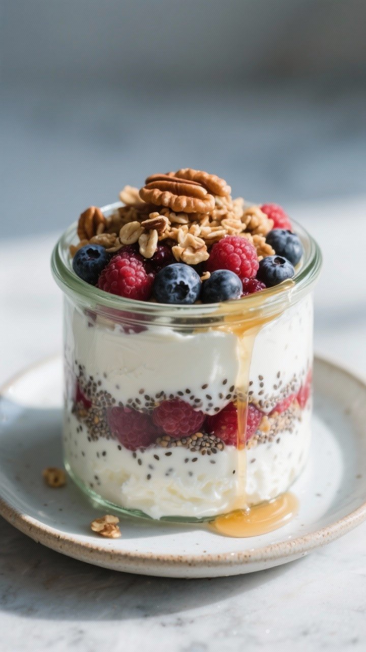 Final presentation beauty shot: A single Cottage Cheese and Berry Breakfast Jar styled for serving o