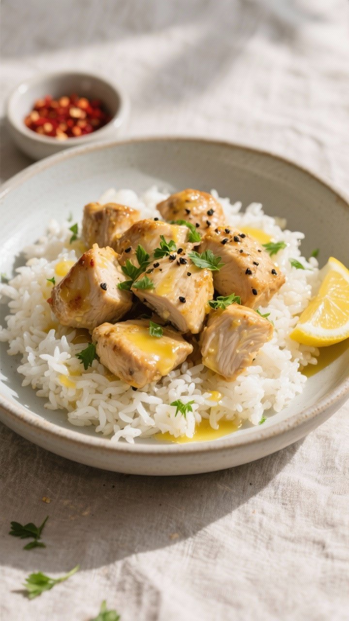 Overhead final dish: Tasty of garlic butter chicken bites piled over fluffy white rice in a wide sha