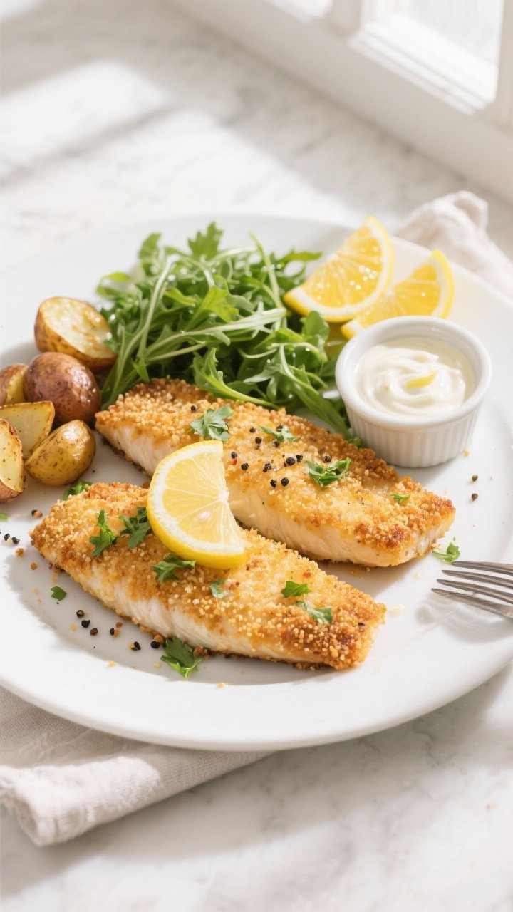 Overhead final plate: Restaurant-quality presentation of two crispy lemon pepper cod fillets on a ma