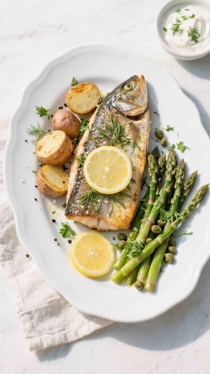 Overhead final presentation of Lemon Dill Baked Trout on a white ceramic platter, fillets arranged w