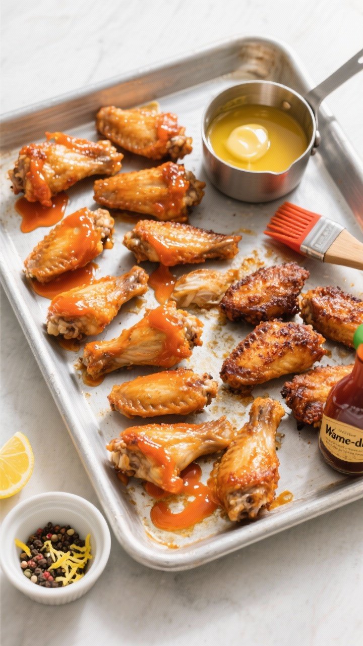 Overhead “game-day” top view: Large sheet pan with evenly spaced oven-crisped wings skin-side up
