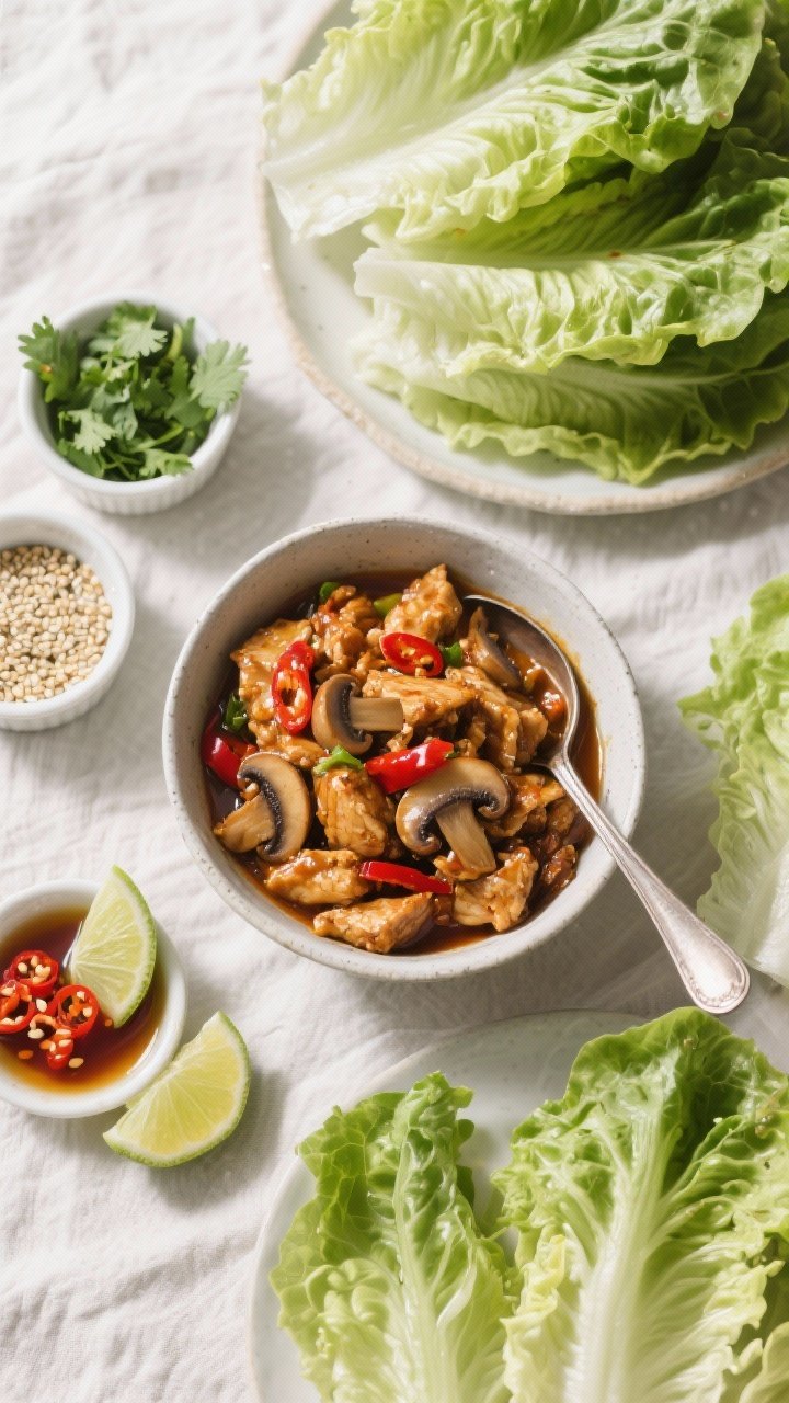 Overhead meal-prep/top view: Neatly arranged lettuce wrap spread from above—separate bowl of hot c