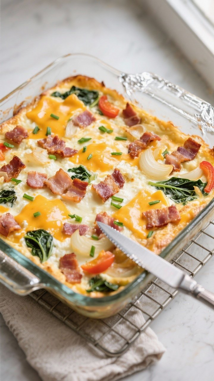 Overhead shot of a freshly baked Cottage Cheese Egg Bake with Turkey Bacon just out of the oven in a