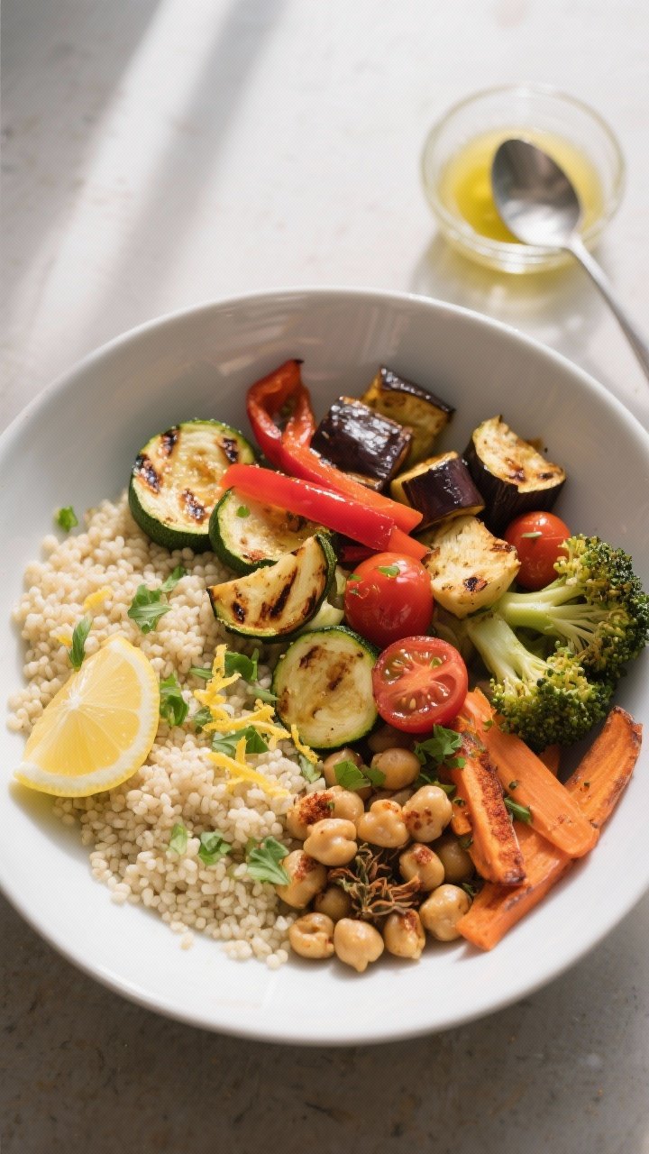 Overhead shot of a Roasted Vegetable Couscous Bowl mid-assembly: steaming fluffy couscous tossed wit