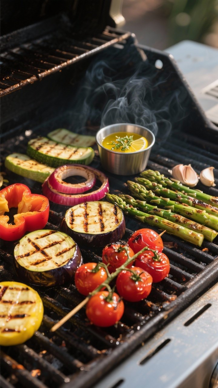 Overhead shot of a sizzling grill scene mid-cook: eggplant rounds and red/yellow pepper quarters wit