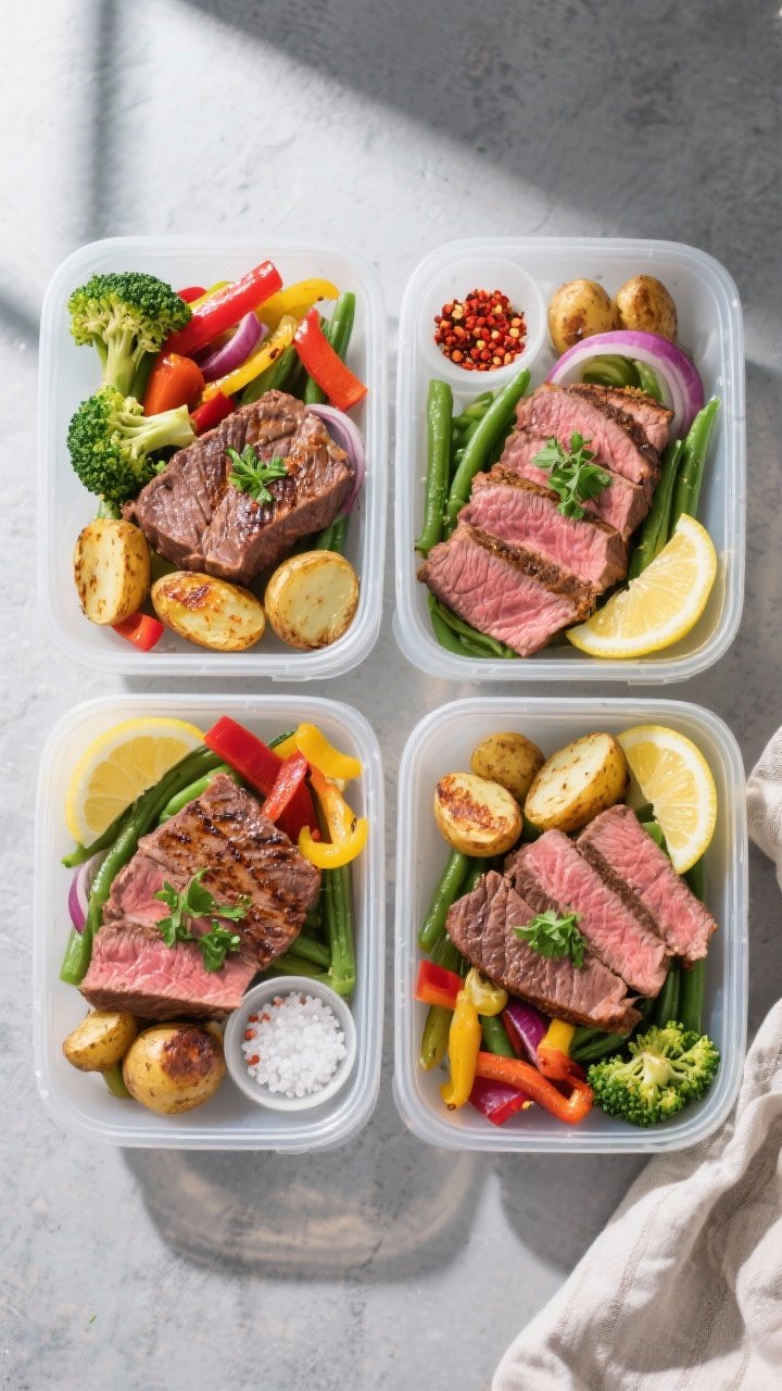 Overhead shot of finished Steak & Veggie Meal Prep Boxes arranged in a neat 2x2 grid of clear, micro
