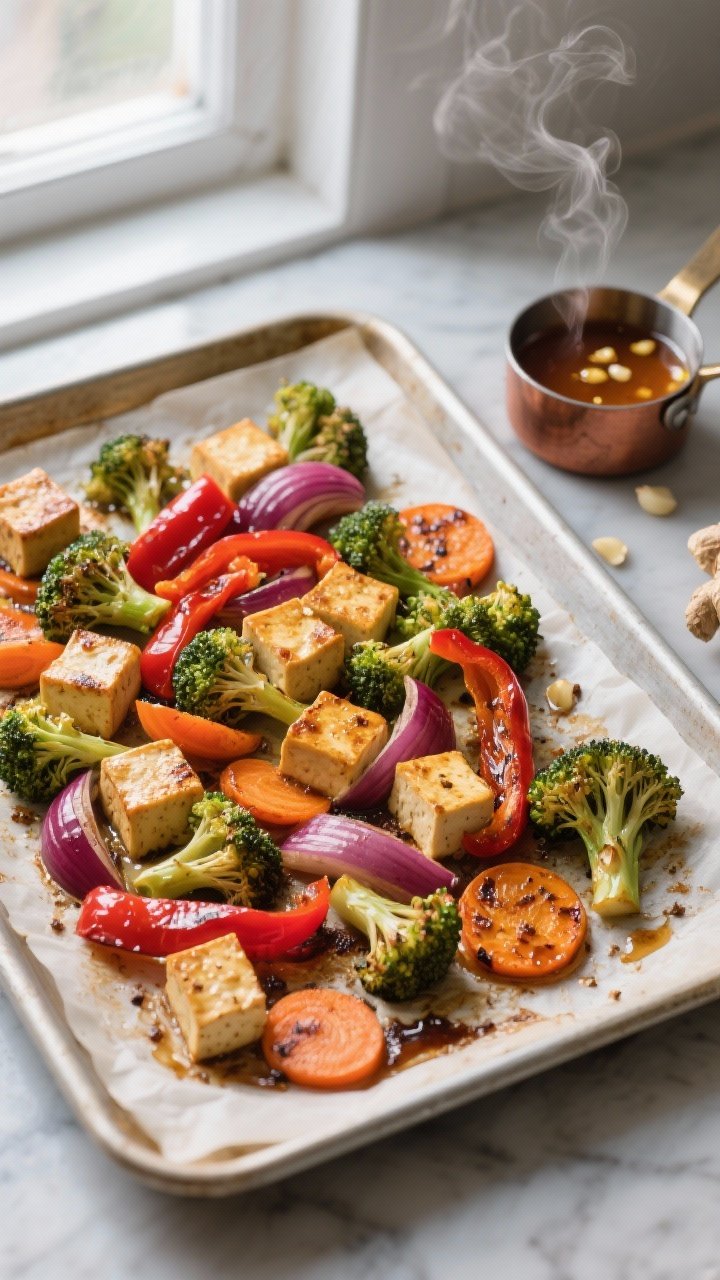Overhead shot of freshly roasted honey-garlic tofu and veggies right out of the oven: golden, crisp-