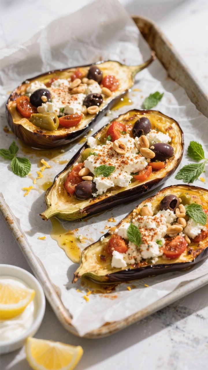 Overhead shot of Mediterranean stuffed eggplant just out of the oven: golden, mounded fillings nestl