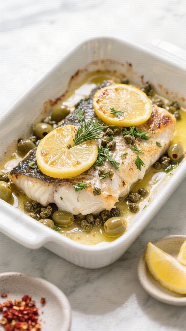 Overhead shot of Olive & Herb Baked Cod just out of the oven in a white ceramic baking dish, fillets