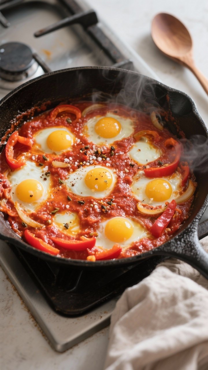 Overhead shot of shakshuka mid-cook: thick, gently bubbling red pepper–tomato sauce in a 12-inch b