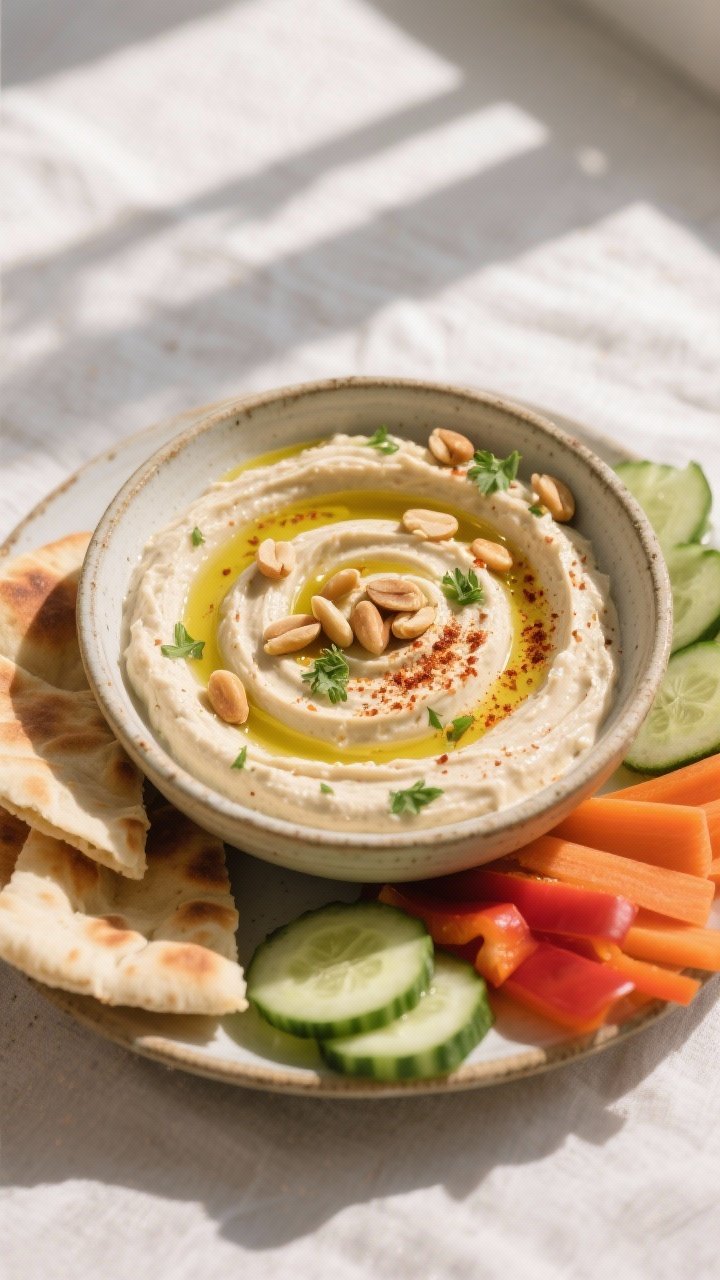 Overhead shot of the finished Creamy White Bean Garlic Dip swirled in a shallow ceramic bowl, glossy