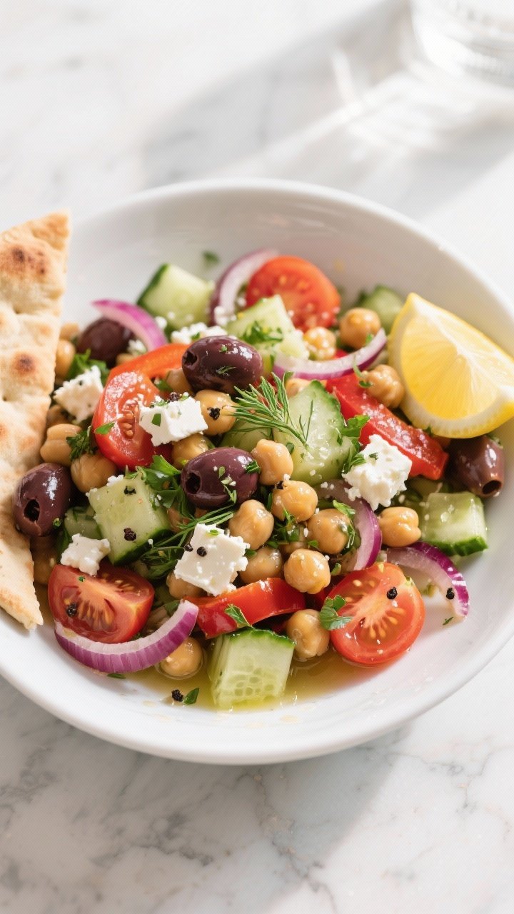 Overhead shot of the finished Greek Chickpea Salad with Feta in a wide, shallow white bowl: glossy c