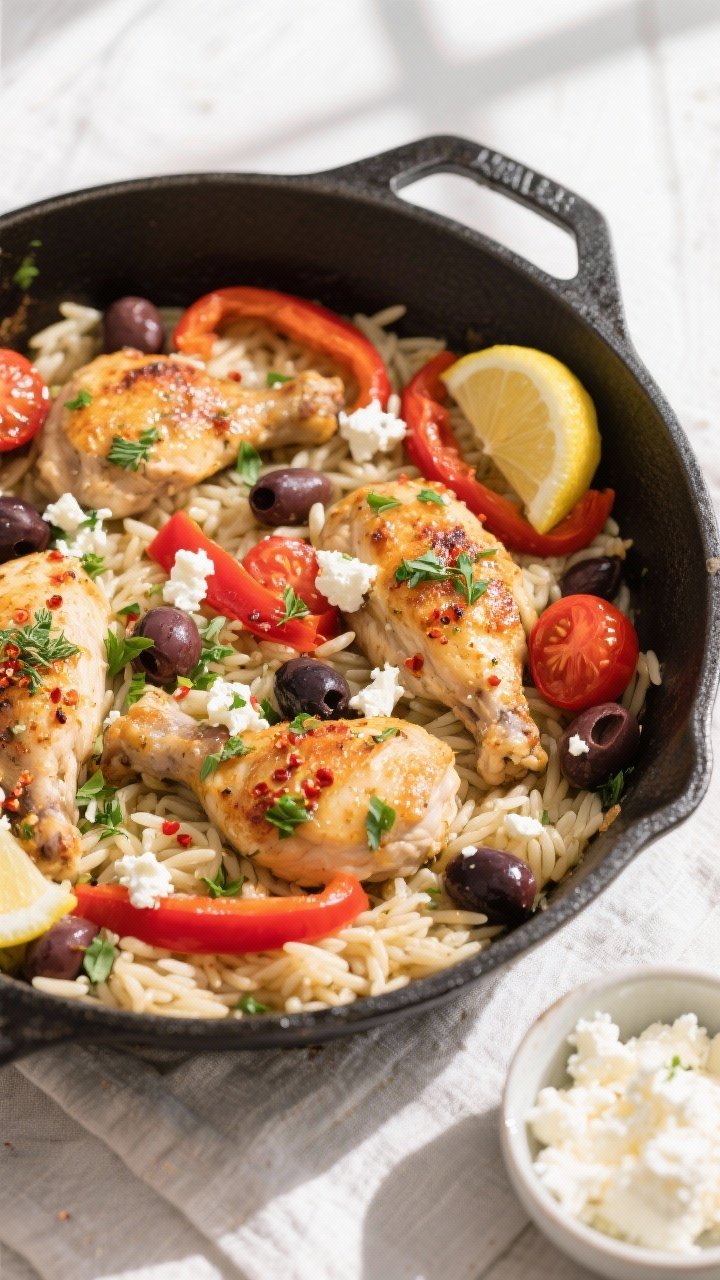 Overhead, tasty top-down shot of the one-pan Greek Chicken with Orzo at the finish: orzo creamy and 