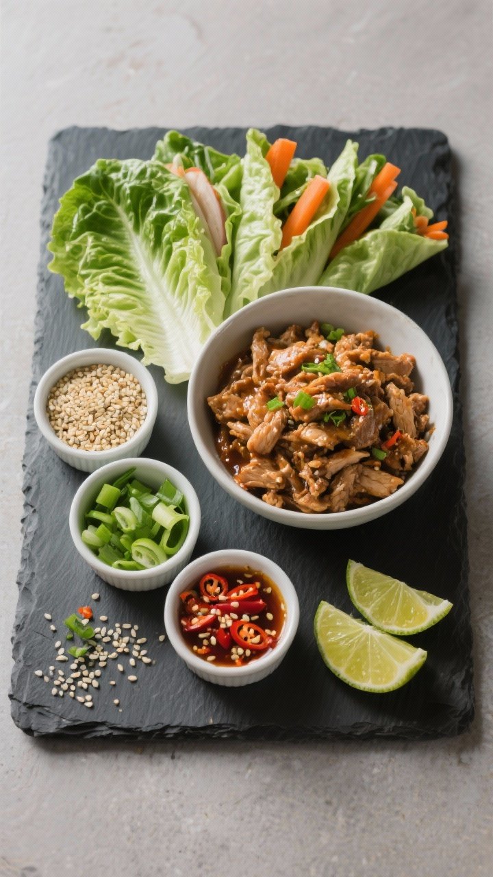 Overhead “tasty top view”: Build-your-own spread for turkey lettuce wraps on a dark slate board: