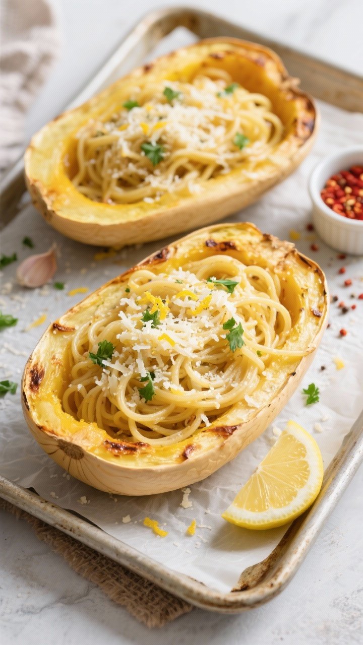 Overhead “tasty top view”: Garlic Parmesan Spaghetti Squash served back in the roasted squash sh