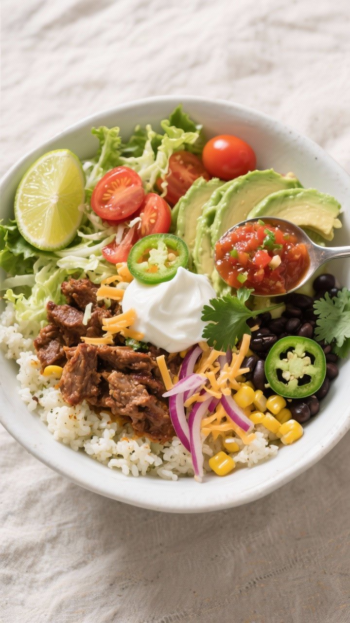 Overhead “tasty top view”: Loaded taco bowl assembled on fluffy lime-zested cauliflower rice, sh