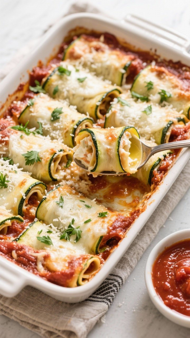 Overhead “tasty top view” of a 9x13 baking dish filled with neatly arranged zucchini lasagna rol