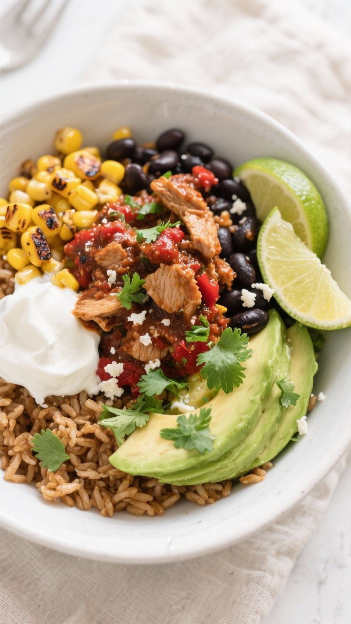 Overhead “tasty top view” of assembled Spicy Turkey and Black Bean Bowls: warm base of fluffy br