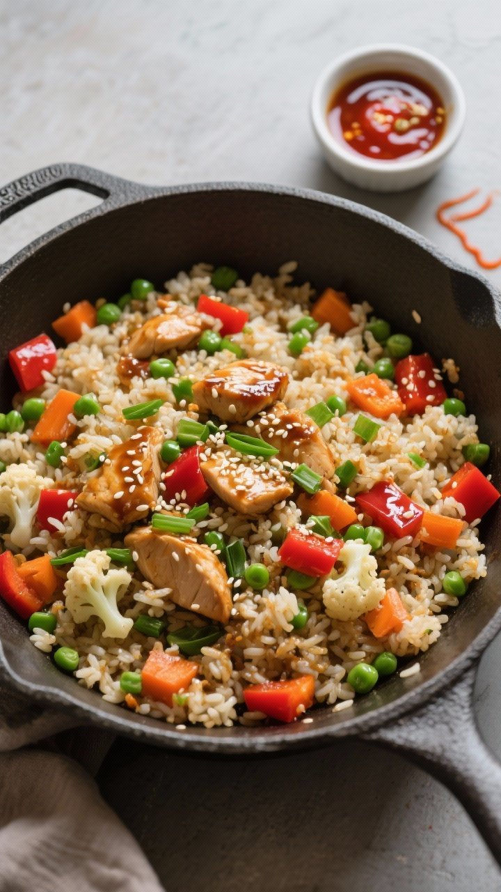 Overhead “tasty top view” shot of the finished fried rice served family-style in a large skillet
